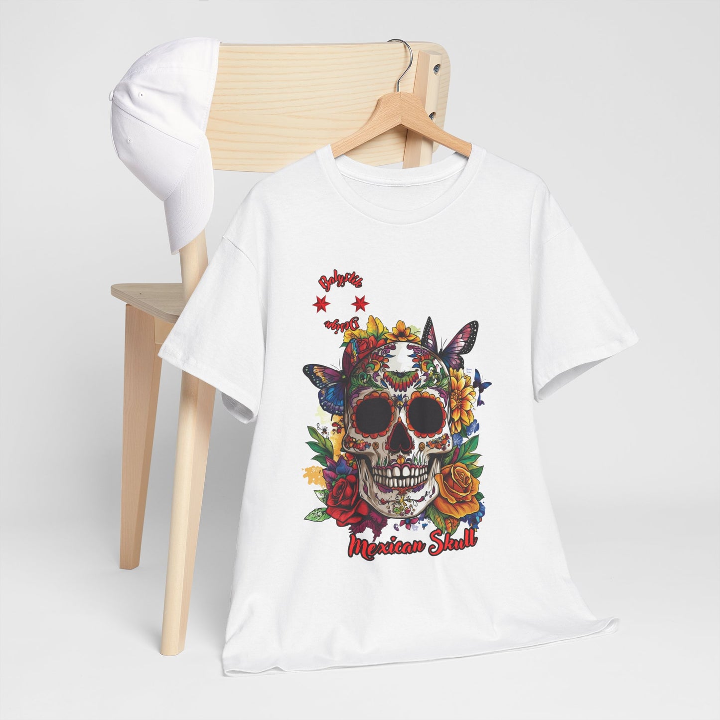 Colorful Skull Floral Tee | Unisex Heavy Cotton T-Shirt, Bohemian Style, Edgy Clothing, Day of the Dead, Alternative Fashion