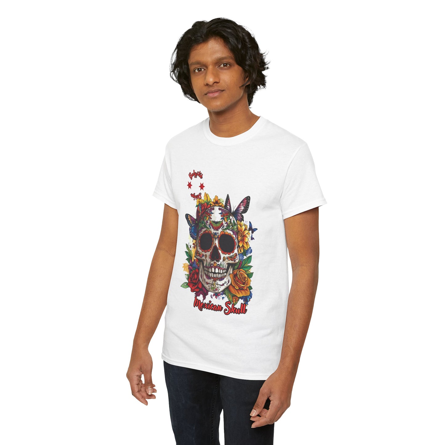 Colorful Skull Floral Tee | Unisex Heavy Cotton T-Shirt, Bohemian Style, Edgy Clothing, Day of the Dead, Alternative Fashion
