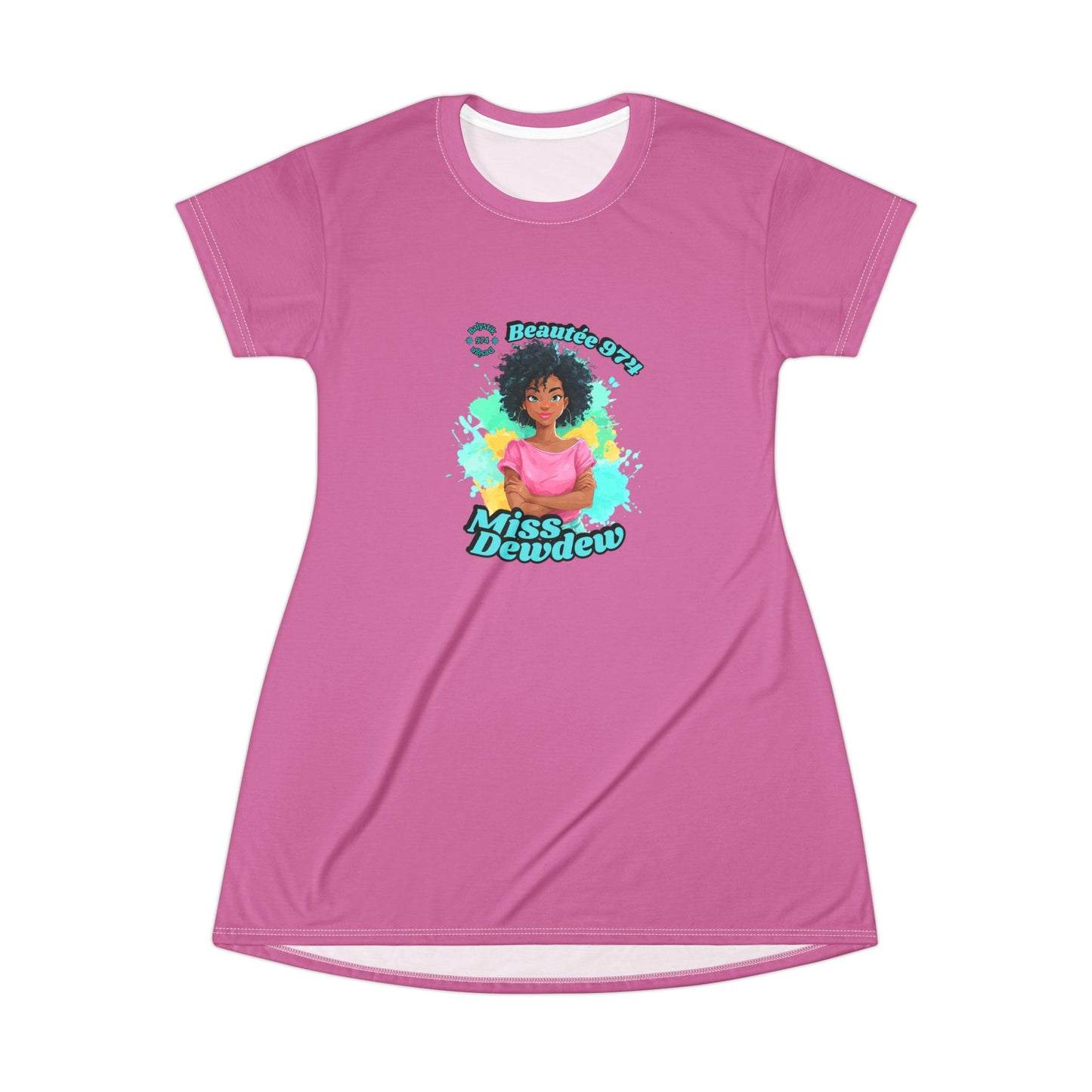 Miss Dewdew Pink T-Shirt Dress - Colorful Casual Wear for Everyday Fun