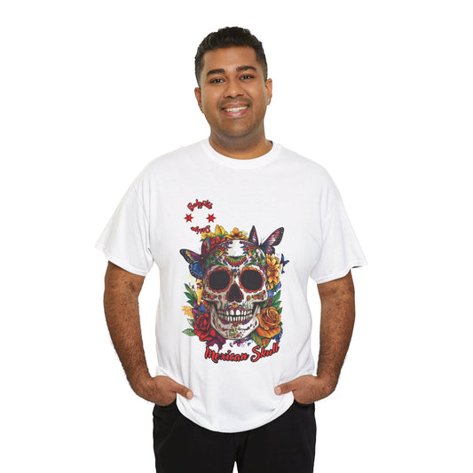 Colorful Skull Floral Tee | Unisex Heavy Cotton T-Shirt, Bohemian Style, Edgy Clothing, Day of the Dead, Alternative Fashion