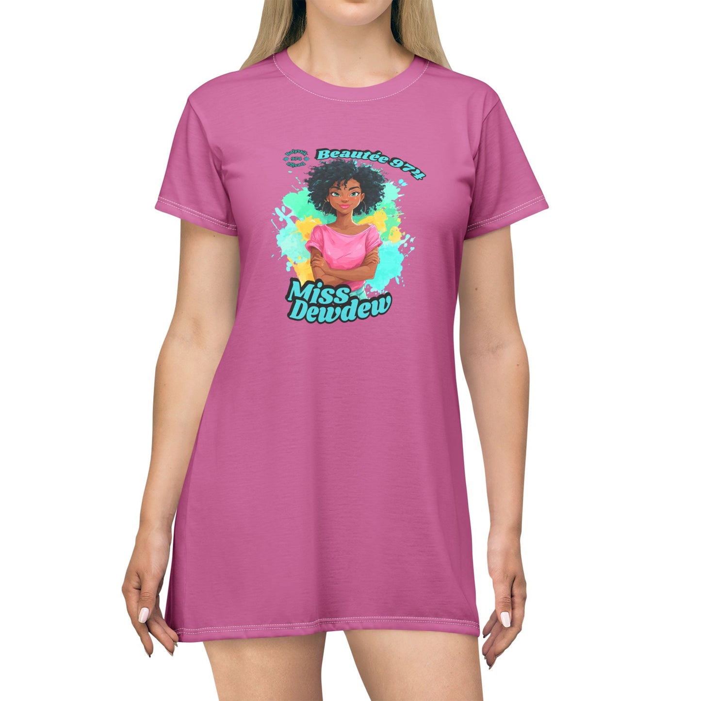 Miss Dewdew Pink T-Shirt Dress - Colorful Casual Wear for Everyday Fun