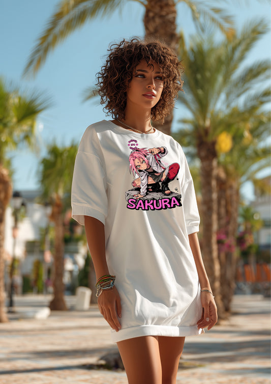 Anime-Inspired T-Shirt Dress, Sakura Graphic Dress, Casual Summer Dress, Cute Gift for Fans, Comfortable Everyday Wear