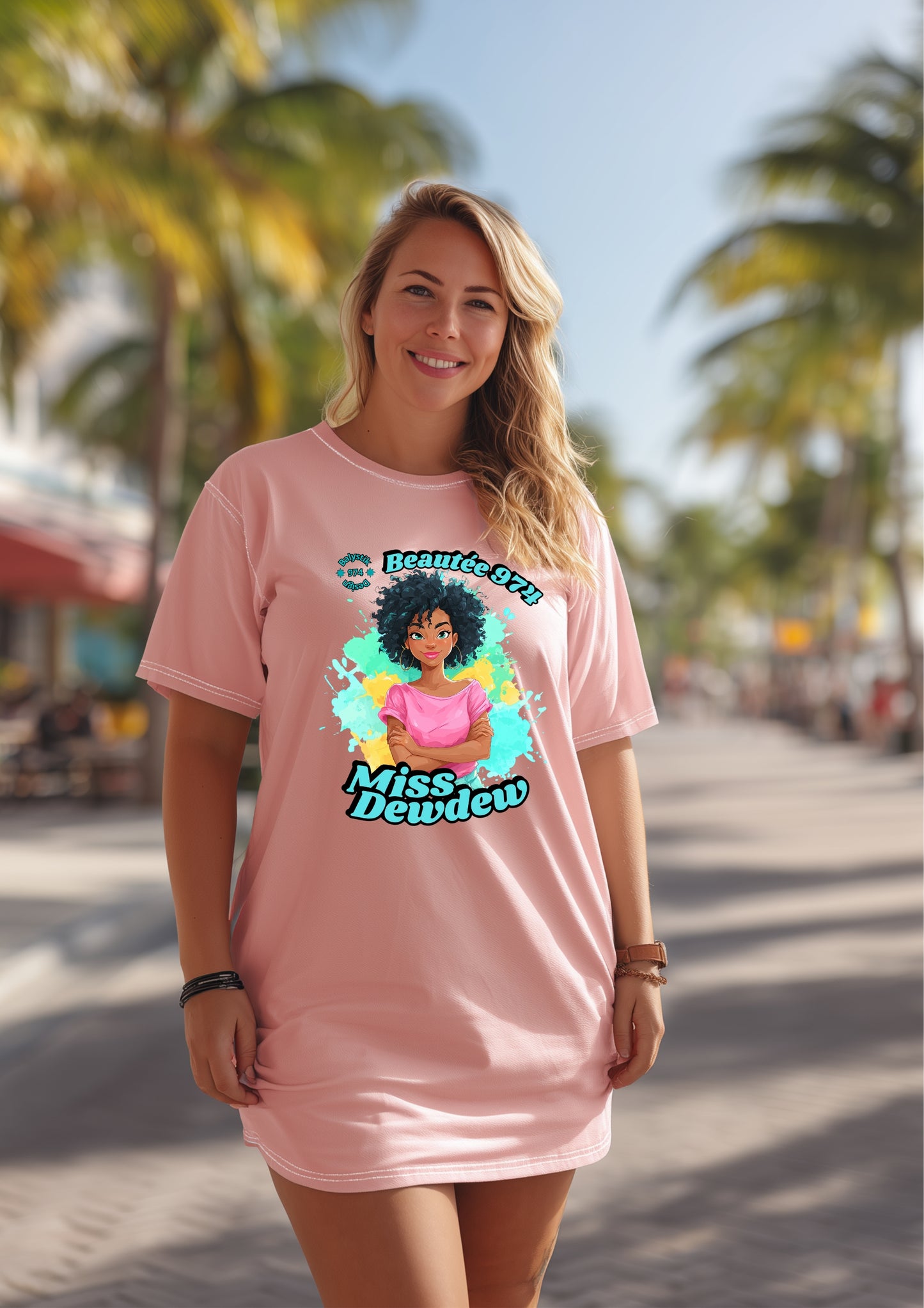 Miss Dewdew Pink T-Shirt Dress - Colorful Casual Wear for Everyday Fun
