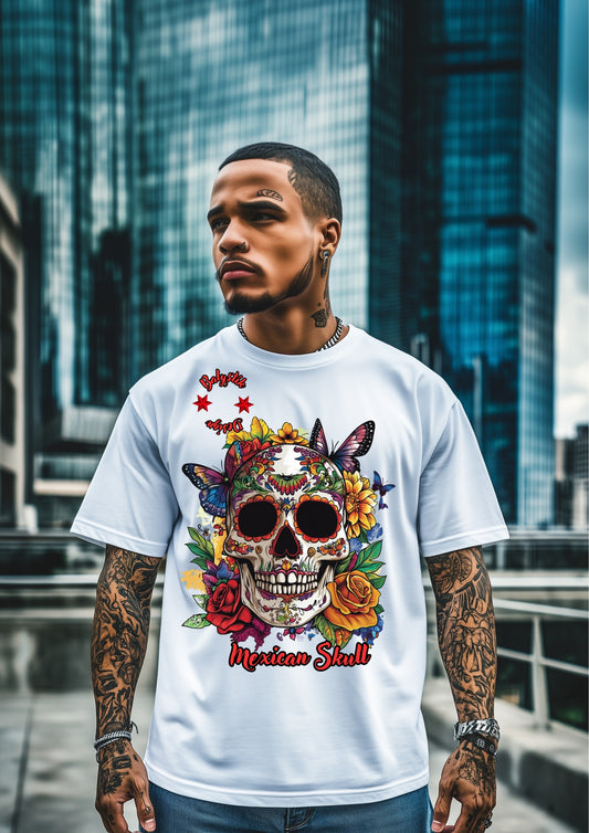Colorful Skull Floral Tee | Unisex Heavy Cotton T-Shirt, Bohemian Style, Edgy Clothing, Day of the Dead, Alternative Fashion